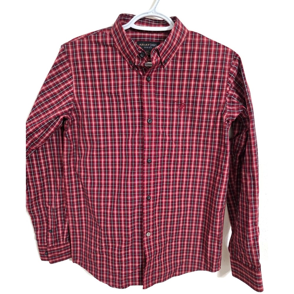 Ariat Pro Series Shirt Boys Large 14-16 Red Plaid Long Sleeve Button Western